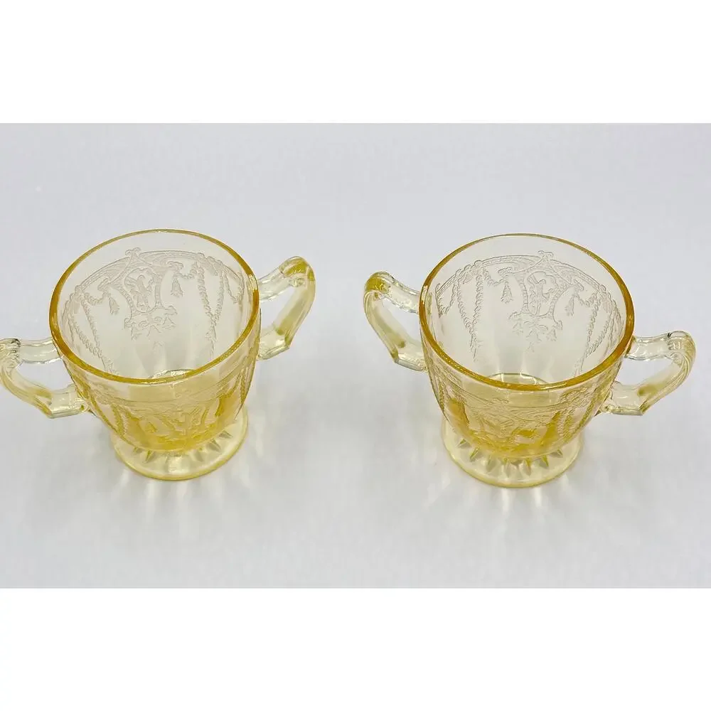 1930 Anchor Hocking Cameo Ballerina Vaseline Canary Glass Sugar Dessert Bowl Set